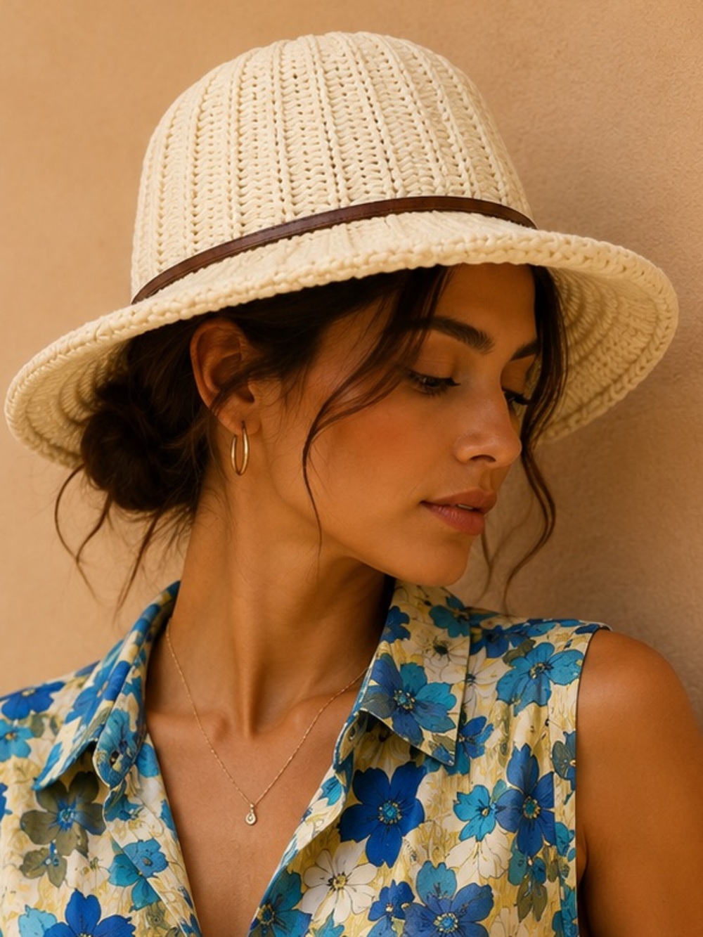Cream Knit Wide Brim Hat Brown Leather Band Boho Resort